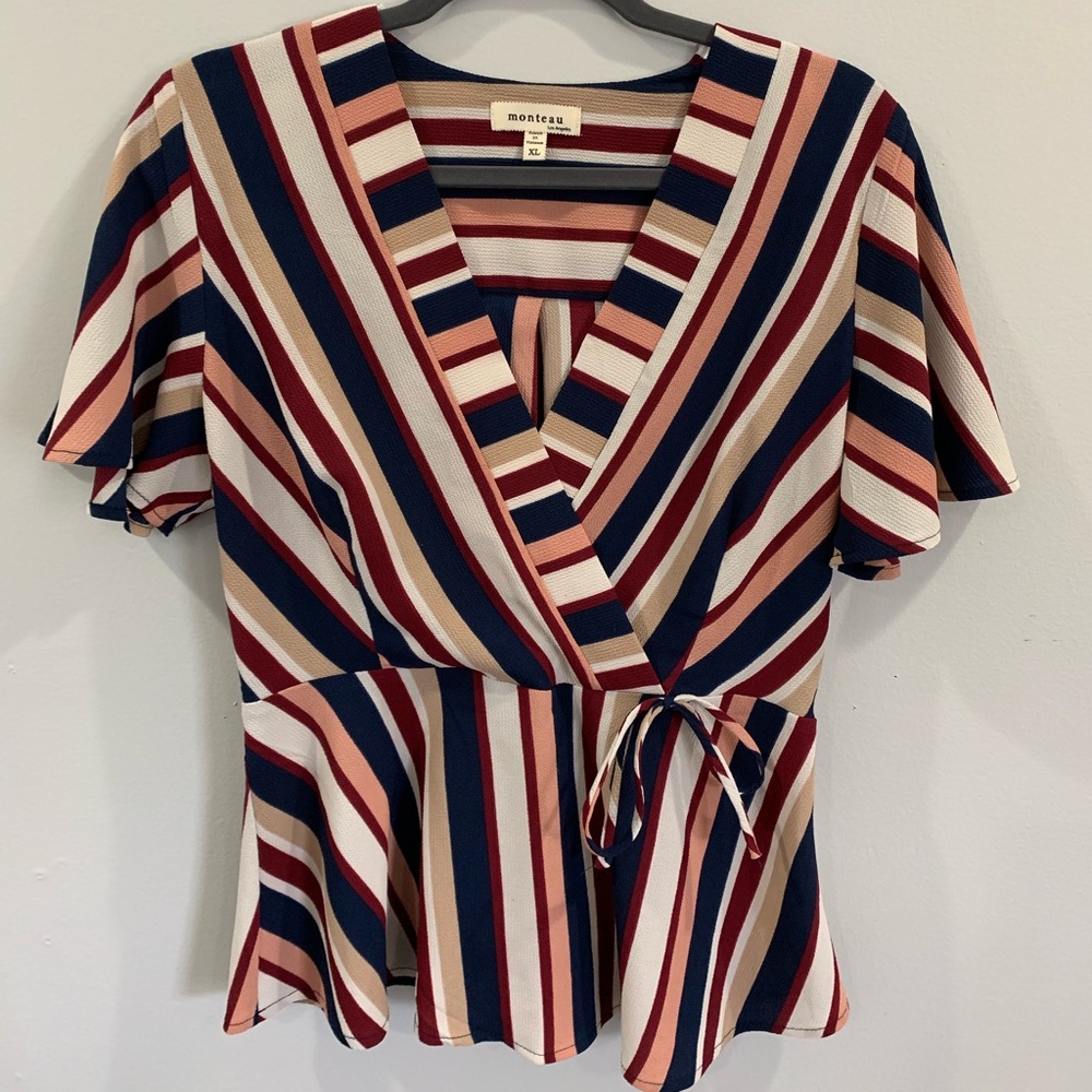 Monteau stripped cap sleeve faux wrap blouse.